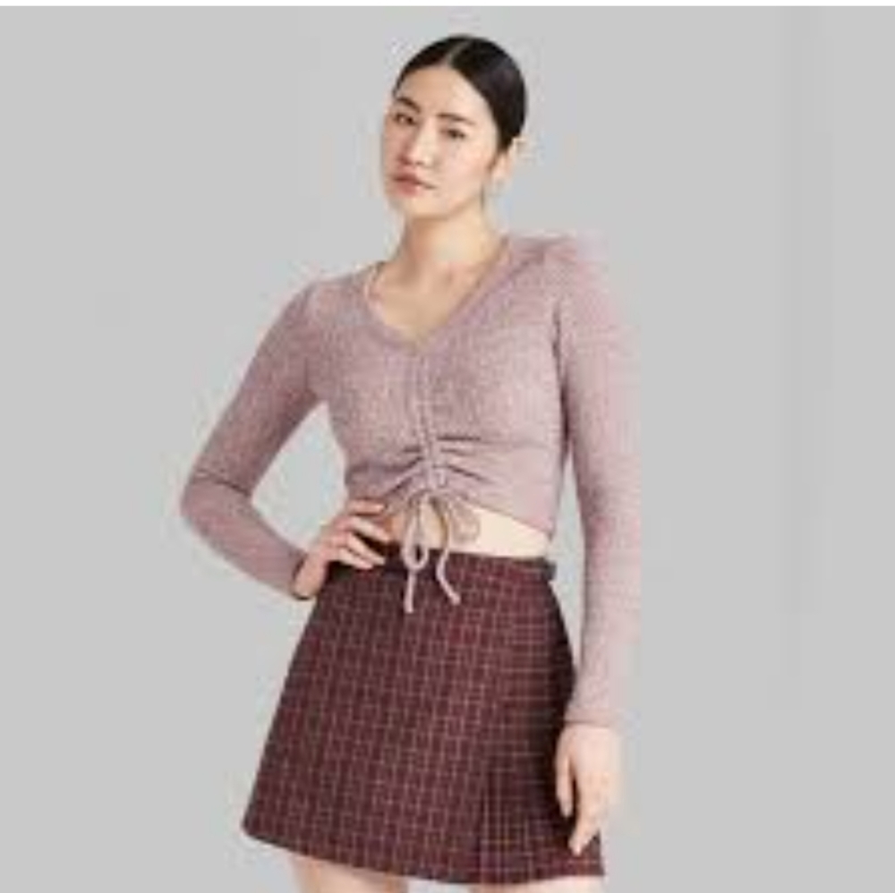 Women's Long Sleeve V-Neck Ruched Front Fitted Sweater Knit T-Shirt - Wild Fable